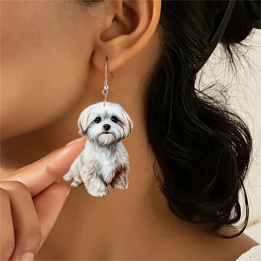 

Acrylic Teddy Earrings For Women - 2d Flat Design Pet Lover Dangle Jewelry - Cartoon Style Fluffy Canine Accessories (1 Pair)