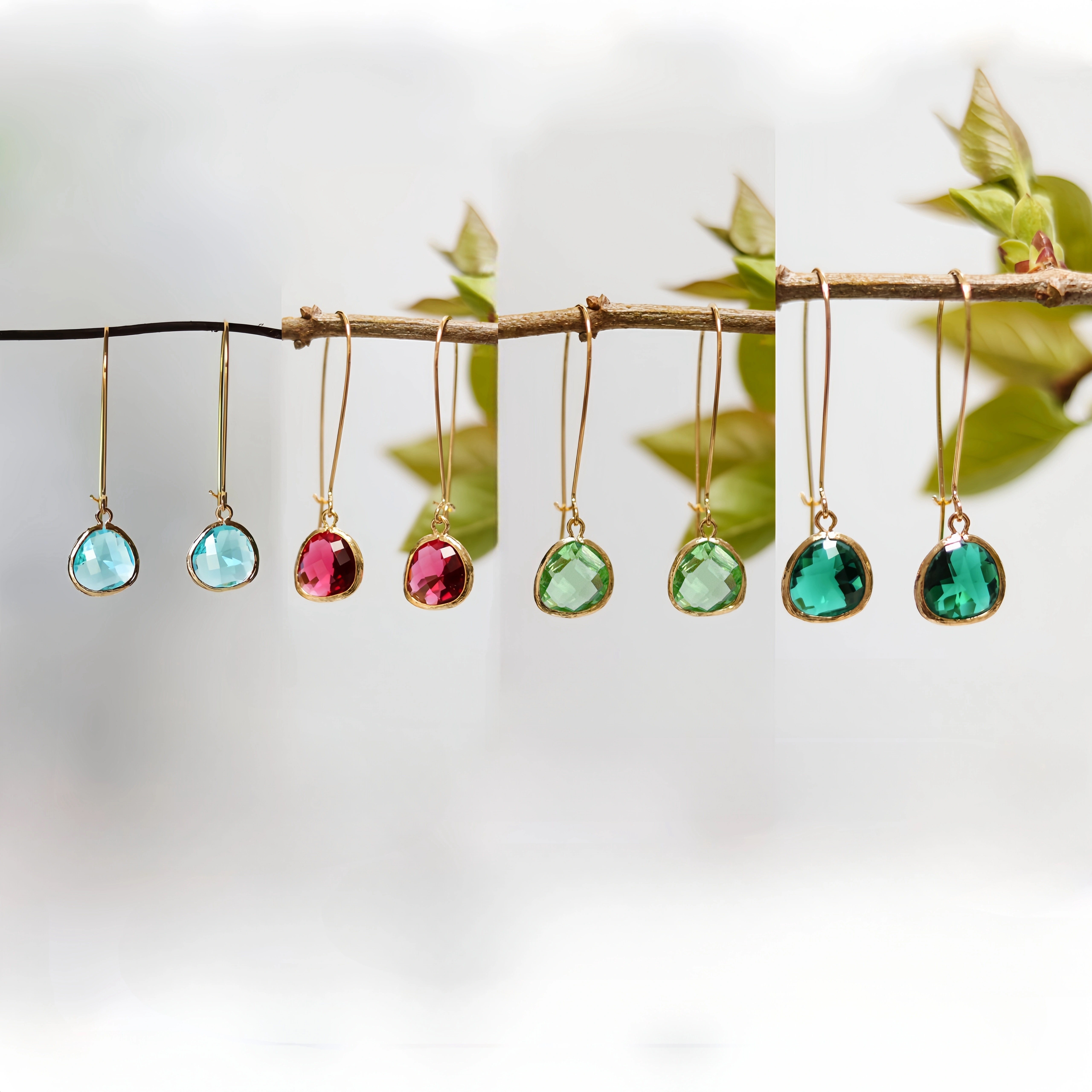 

Vintage Elegance: Handcrafted Gemstone Earrings In Gold-tone With Blue, Green, And Red Glass Pendants - Perfect For Everyday Wear And Festive Occasions