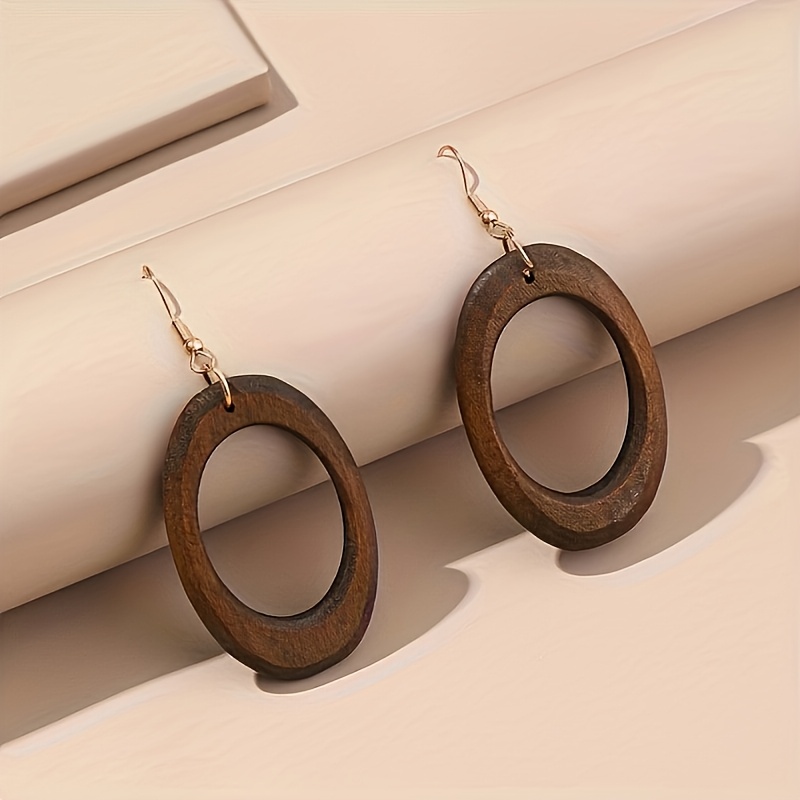 Vintage Brown Solid Wood Dangle Earring Set, 5-Pair