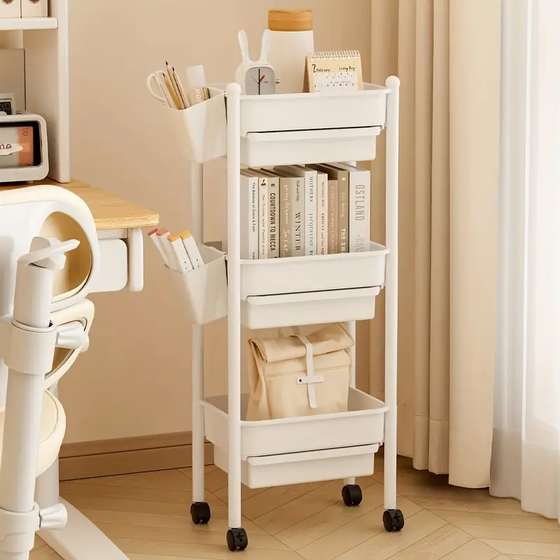 3-tier rolling bookshelf with 2 pen holders, supply organizer, assembly multi-functional storage rack for home or classroom, white, versatile shelving unit, , quality materials Product details 2
