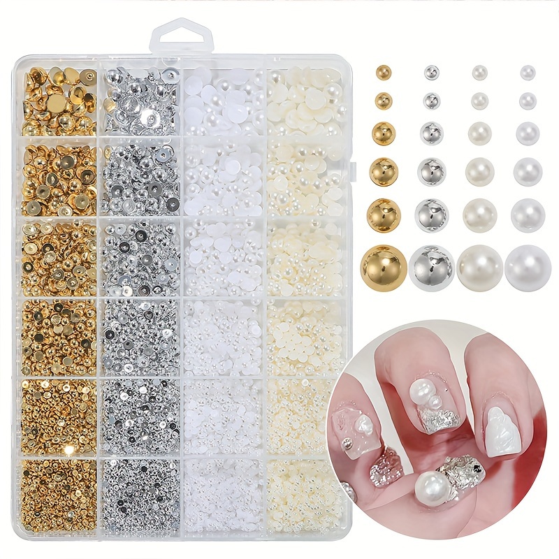 

Mixed 24-grid Box Of Half Round Flatback Faux Pearls, Nail Art Decorations, Assorted Sizes In White, Golden, Silvery, And Beige, Diy Nail Accessories Crafting Kit