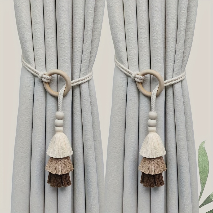 2pcs, Anneau de rideau en bois avec pompon, Style bohème, Anneau de rideau en fil de luxe léger haut de gamme, 2 pièces par paquet