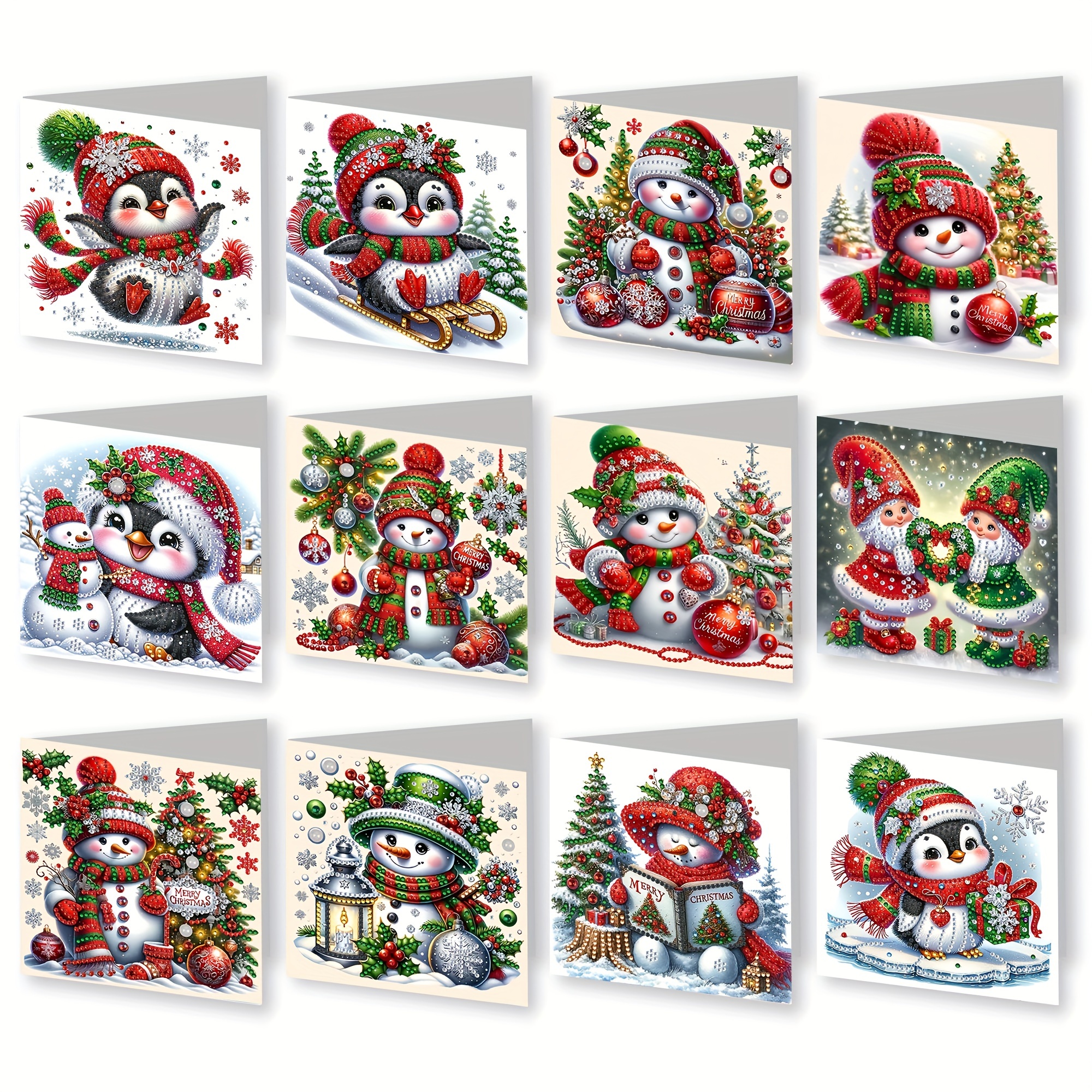Image of 12pcs Diy Christmas Winter Diamond Painting Greeting Cards With Envelopes, Anime Theme, Irregular Shape, Paper Material, Unique , Detail Coloring, Christmas Cards