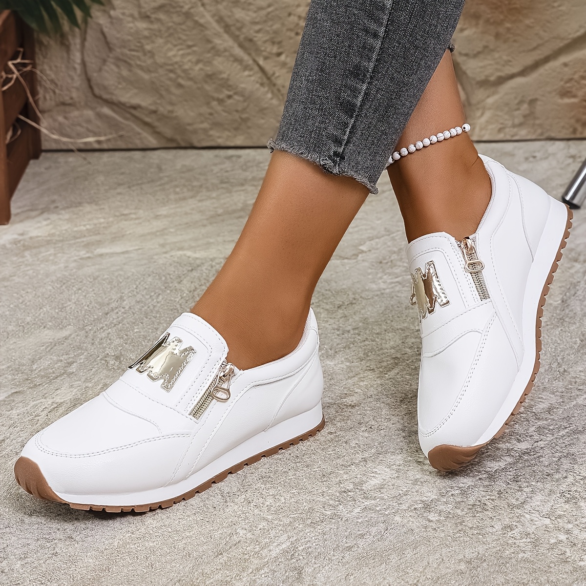 Women'* Slip-On Sneakers Comfortable Low-Top Casual Shoes with Round Toe,  Metallic Detail, Breathable Fabric Lining, Durable TPR Sole Versatile 