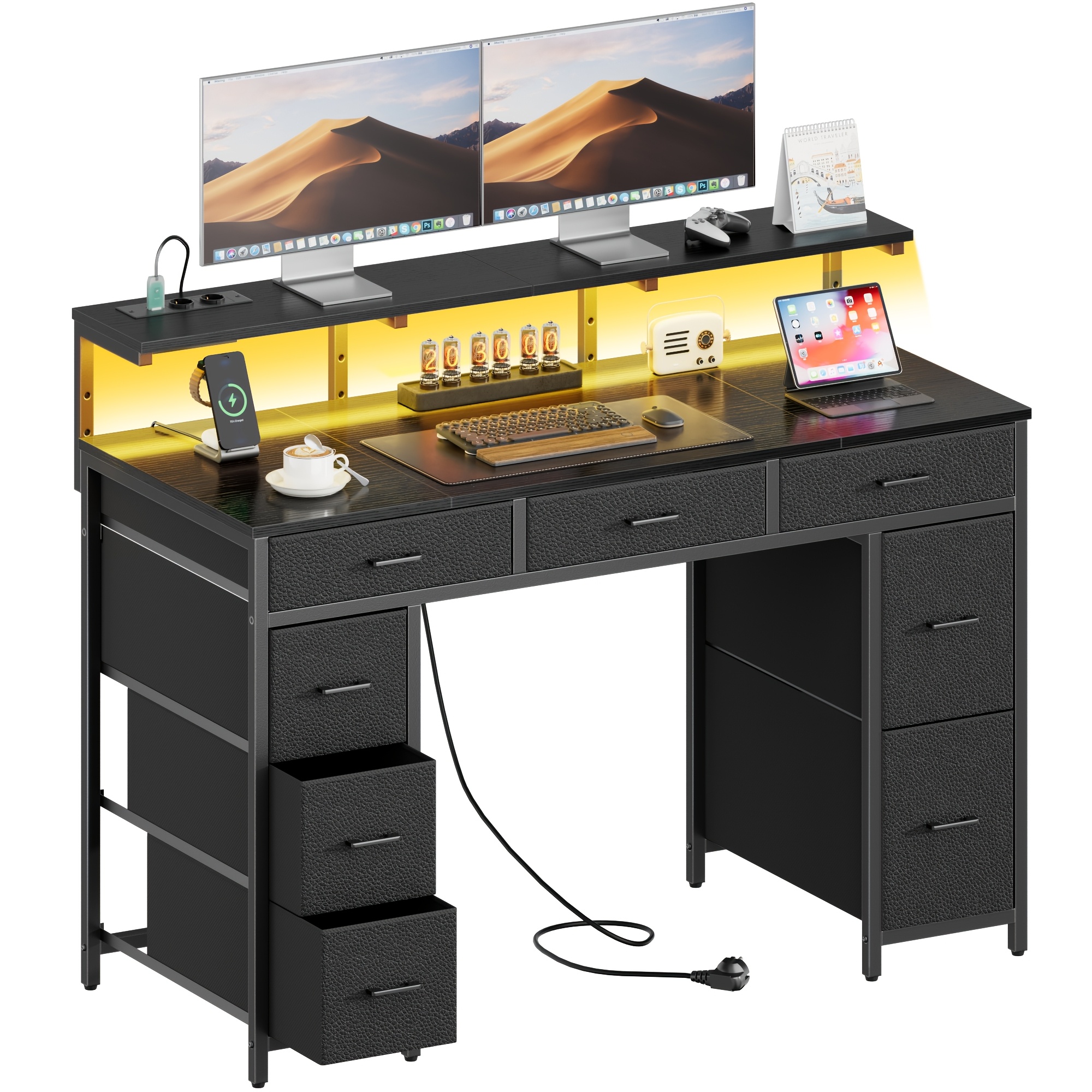 E-shop Gaming-Schreibtisch mit 8 Stoffschubladen, Monitorständer mit LED-Beleuchtung, europäische Steckdosenleiste (2 AC/2 USB), Holzplatte,
