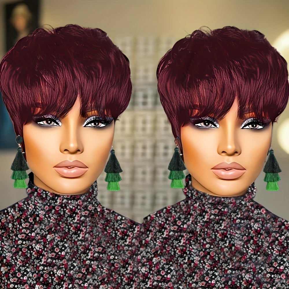 6英寸 burgundy 短直斜切人头发假发，带发辫，适合女性 - 99j 颜色巴西人头发，适合派对和日常使用 商品详情 4