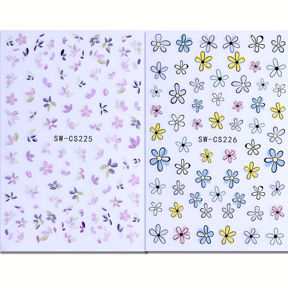 2pcs Spring Summer Flower Nail Art Stickers | Pink Purple Petal Decals With Colorful Blooming Sliders, Self, Glossy Finish, Style