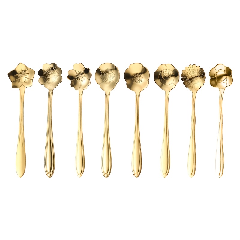 E-shop 8-teiliges Blumenlöffel-Set, kleine Teelöffel Kaffeelöffel, niedliche Eiscreme-Dessertlöffel, silberne goldene Edelstahllöffel für Kaffee Tee