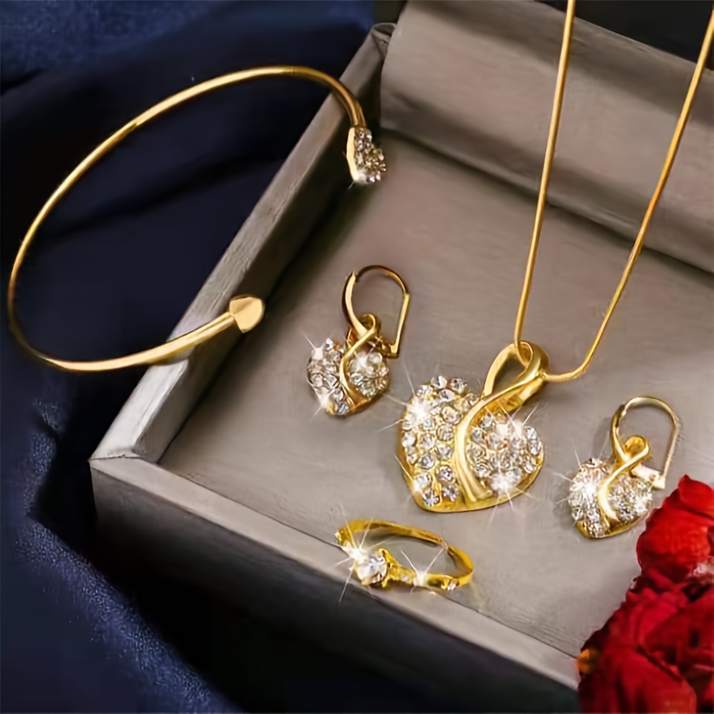 

5pcs Women's Luxurious Heart-shaped Jewelry Set, -tone Necklace, Earrings, Bracelet, And Ring With Sparkling Rhinestones, Elegant Gift Box Included