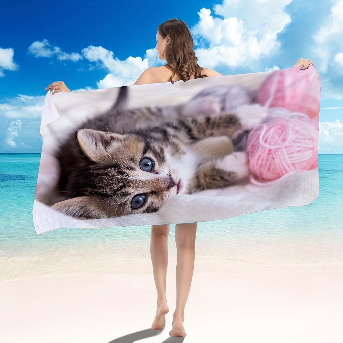 

1pc Cute Cat Pattern Beach Towel, Soft Absorbent Beach Towel, Lightweight Beach Blanket, Holiday Essential Gifts, Beach Essentials