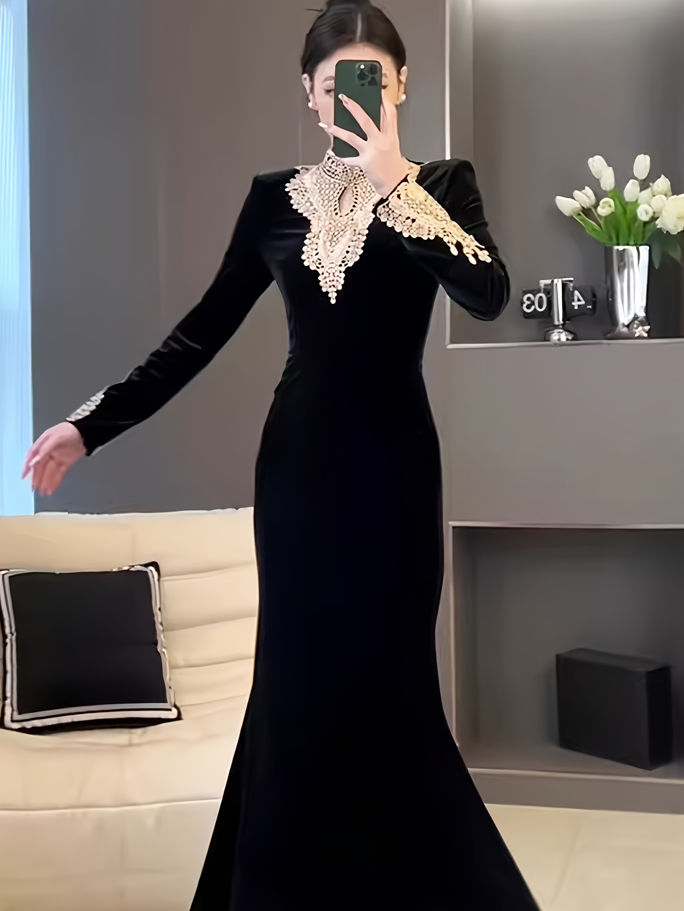 elegant black velvet dress intricate lace detail bodycon Temu Kuwait