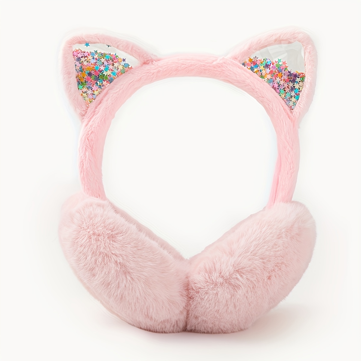 Chic Women's Cat Ear Foldable Winter Warmth Earmuffs - Sparkling Sequin Design, Solid Color Polyester, Hand Wash Only details 0