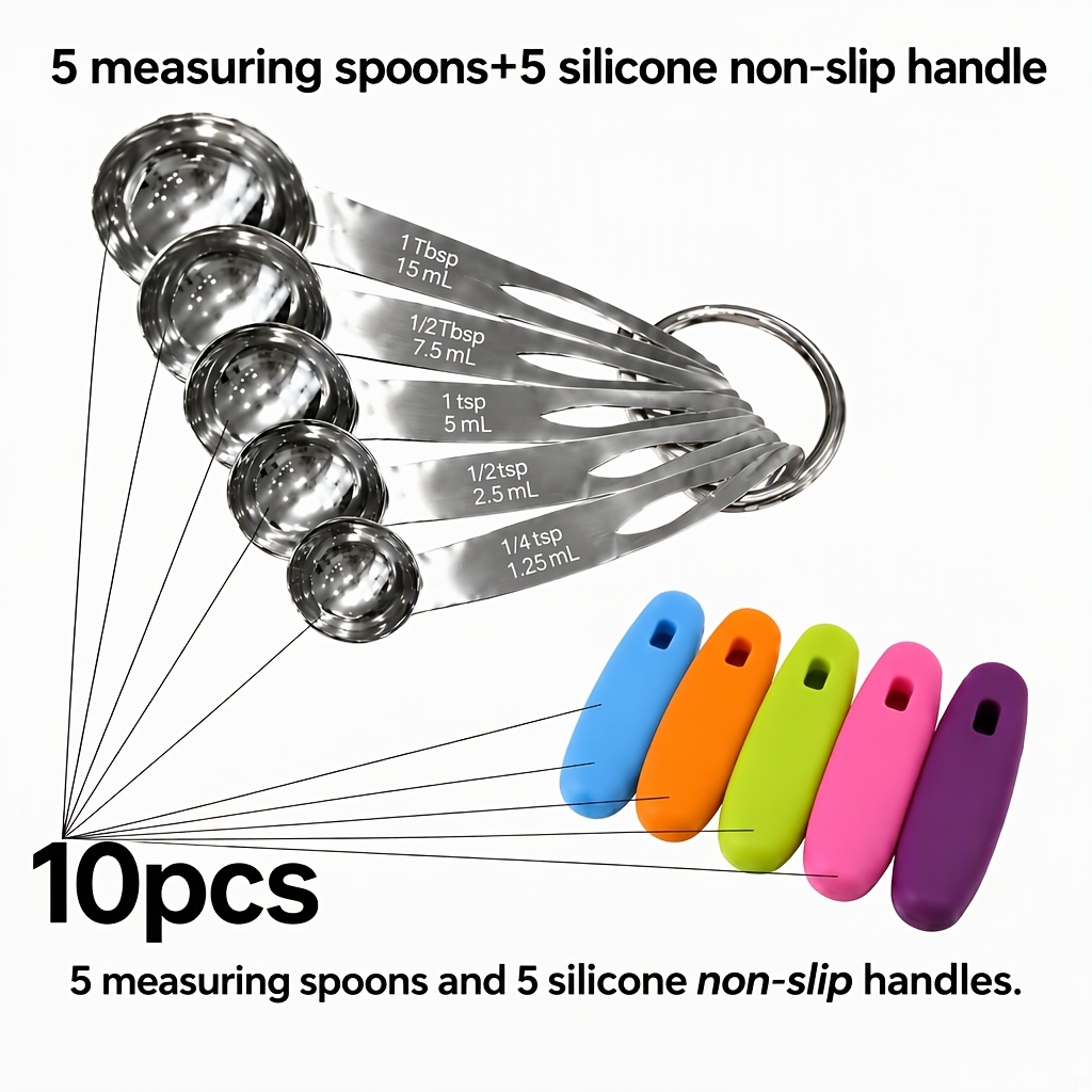TEMU 10pcs Stainless Steel Measuring Spoons Set With 5 Silicone Grip Handles, Heavy Duty Metal Measuring Spoons For Dry And Liquid Ingredients,