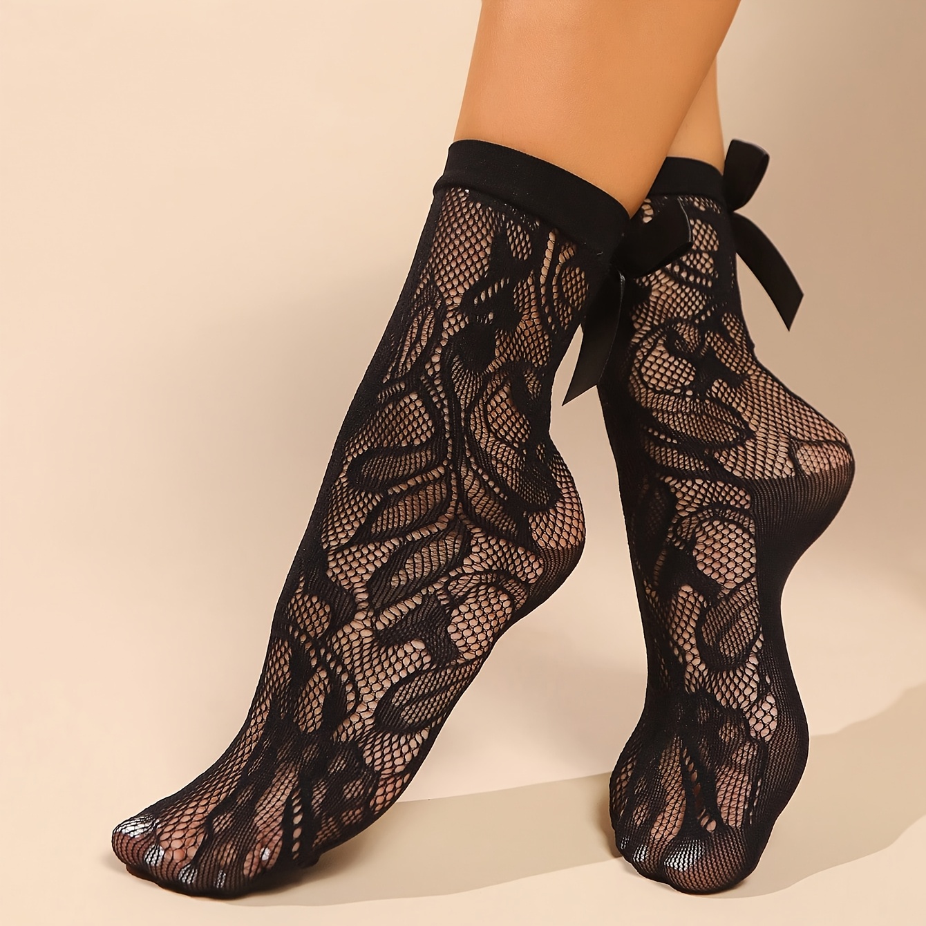Image of 1 Pair Women's Elegant Bow Detail Fishnet Short Socks - Floral Print Breathable Summer Socks With Stretchy Fit For Casual & Formal Wear, Cute Socks, Stylish Footwear, Delicate