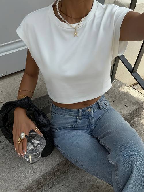 y2k-stil uni-farben crop t-shirt lockerer polyester rundhals kurzarm streetwear damenbekleidung