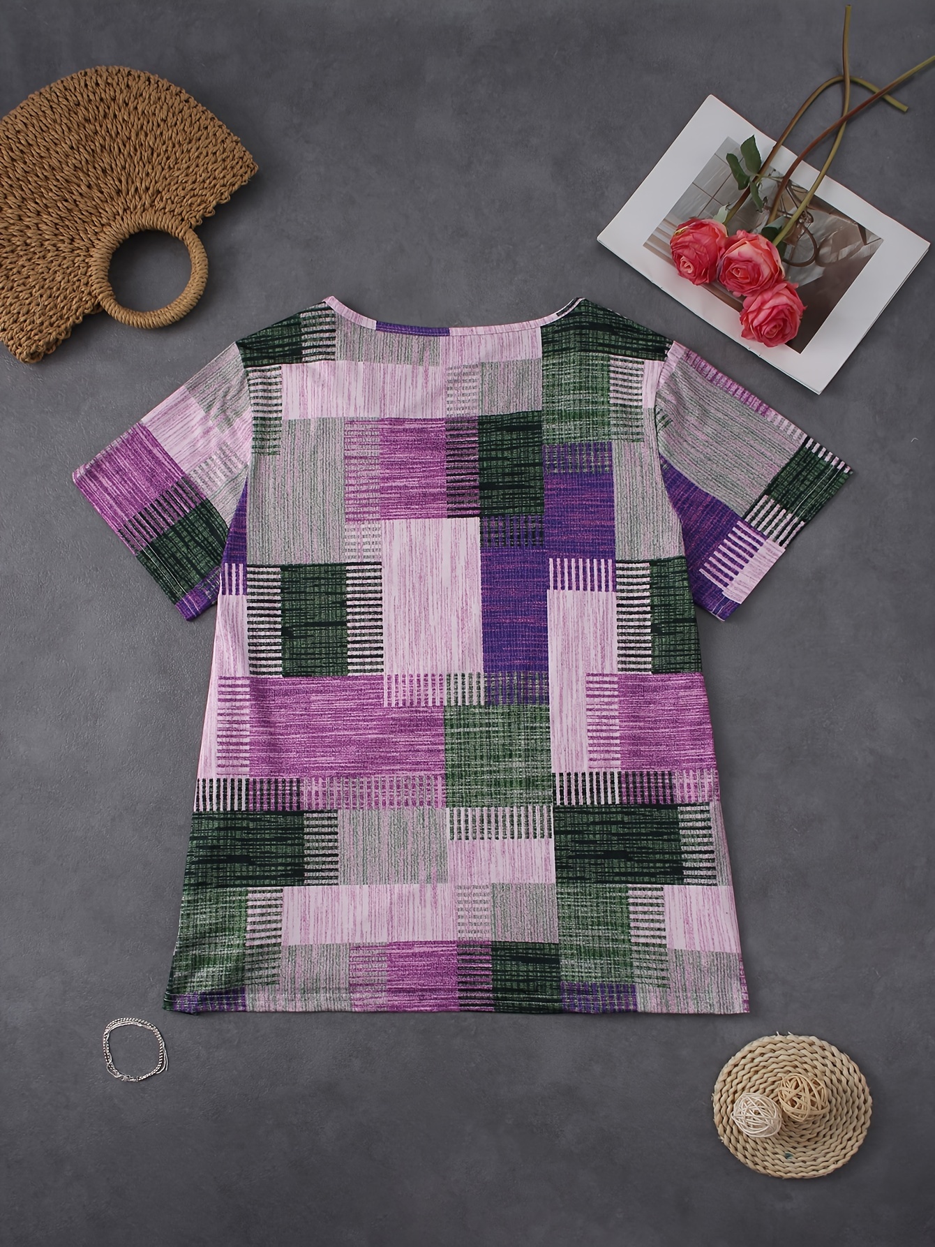 Plus Size, Plus Size Women's Casual V-Neck Short Sleeve T-Shirt - Stretchy Patchwork Print Top with Lime Green & Purple Geometric Design, Machine Washable for Spring Summer Fall, Seasonal Fashion, Nontransparent Fabric, Highelastic Material