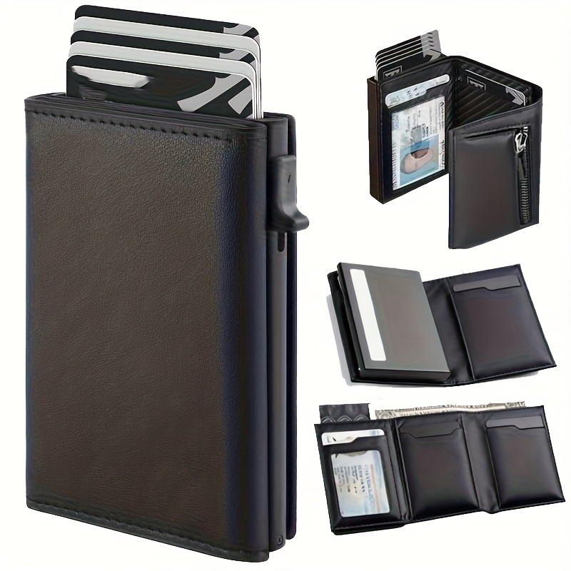 Stylish Pop-Up Wallet Black Carbon Fiber + Orange Aluminum Credit Card Holder, Carbon Fiber Microfiber Synthetic Leather Slot and RFID Blocking Metal Bank Card Sleeve Coin Purse, Suitable for Men and Women, Birthday Gift