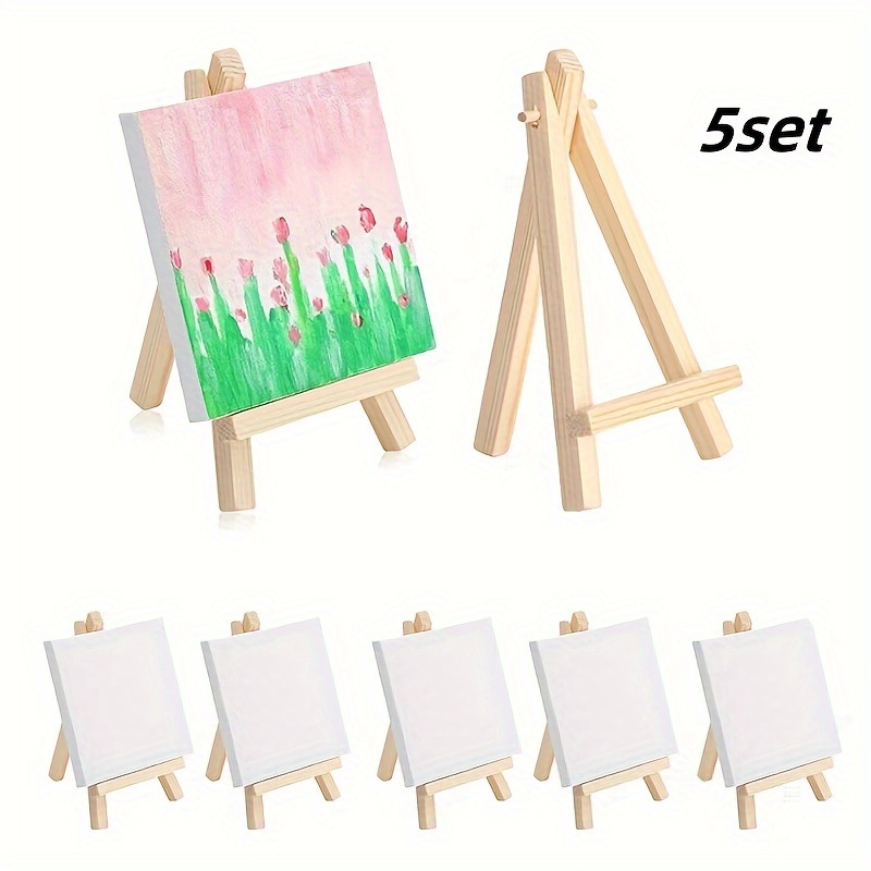 

5pcs Mini Canvas & Easel Set - 4x4" Stretchable Art Canvases With Folding Wooden Tripod Stand For Sketching And Painting, Perfect For Home Decor