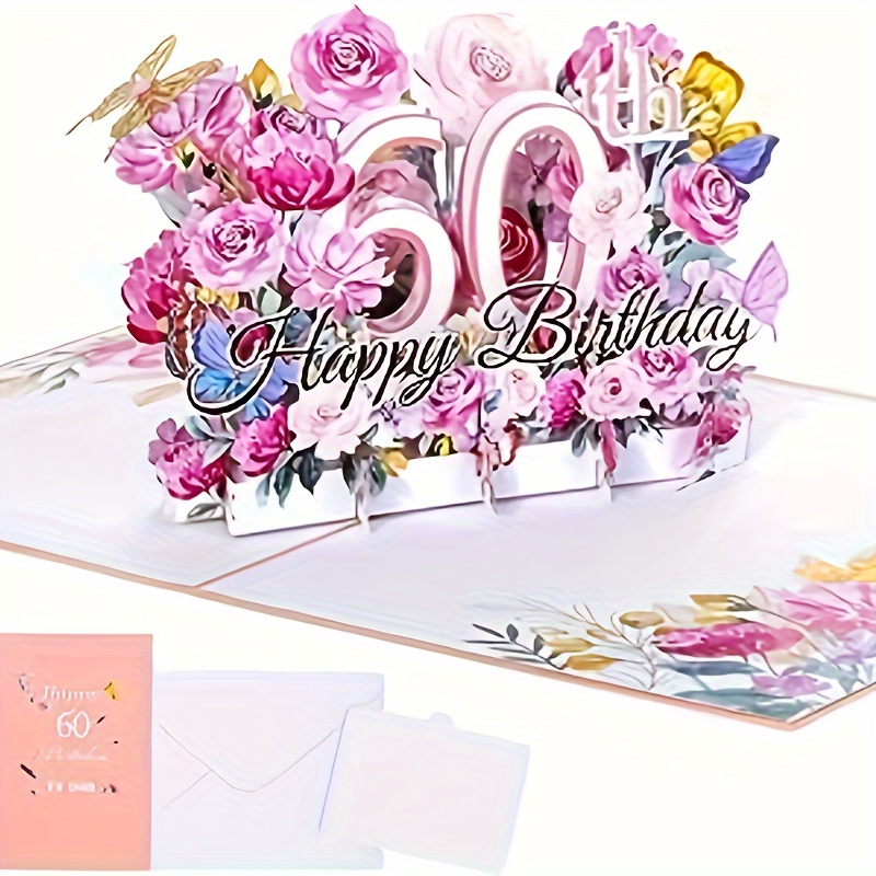 

60th Birthday Pop-up Greeting Card For Women - Floral Cartoon Design, Message, Grandma, Mom, Wife & Friends