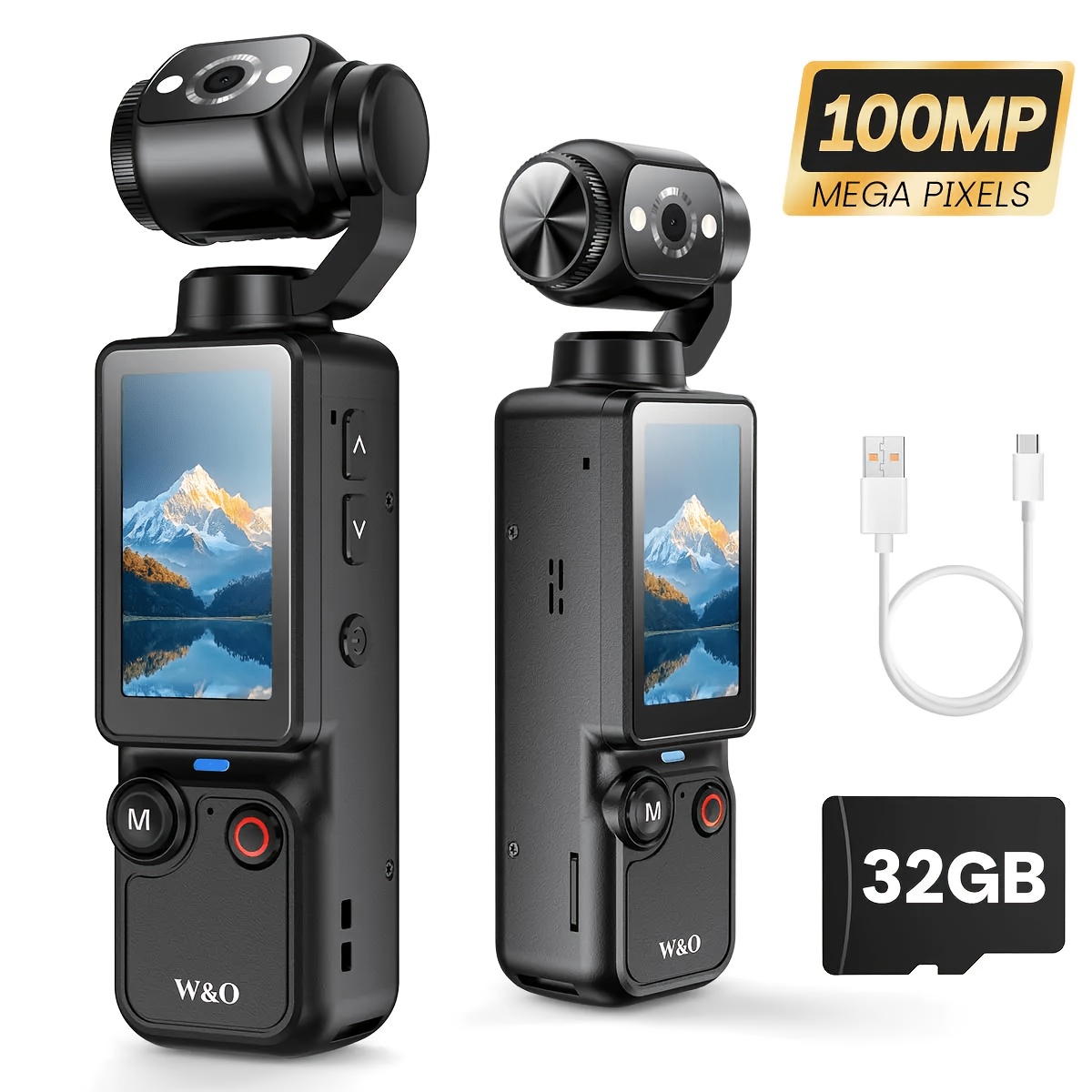 TEMU Caméra de poche d'enregistrement vidéo W&O - Caméra de journal vidéo portable et rechargeable, stabilisateur à main, caméra de sport de poche à