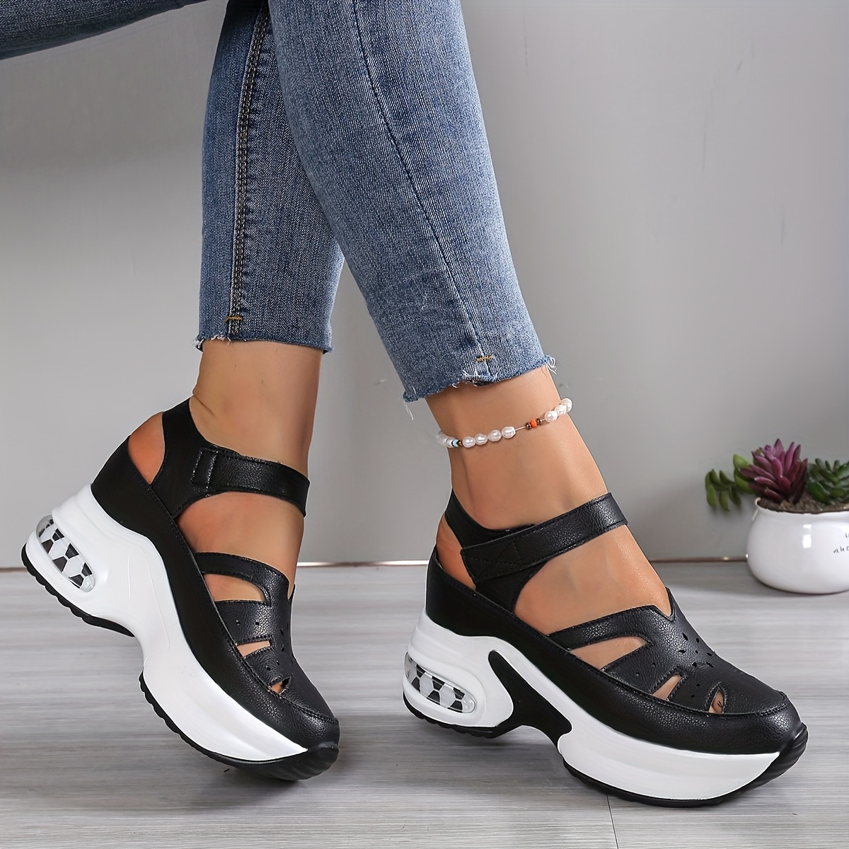 womens summer fashion breathable perforated solid color thick sole sandals women shoes black cn35 eu35 8