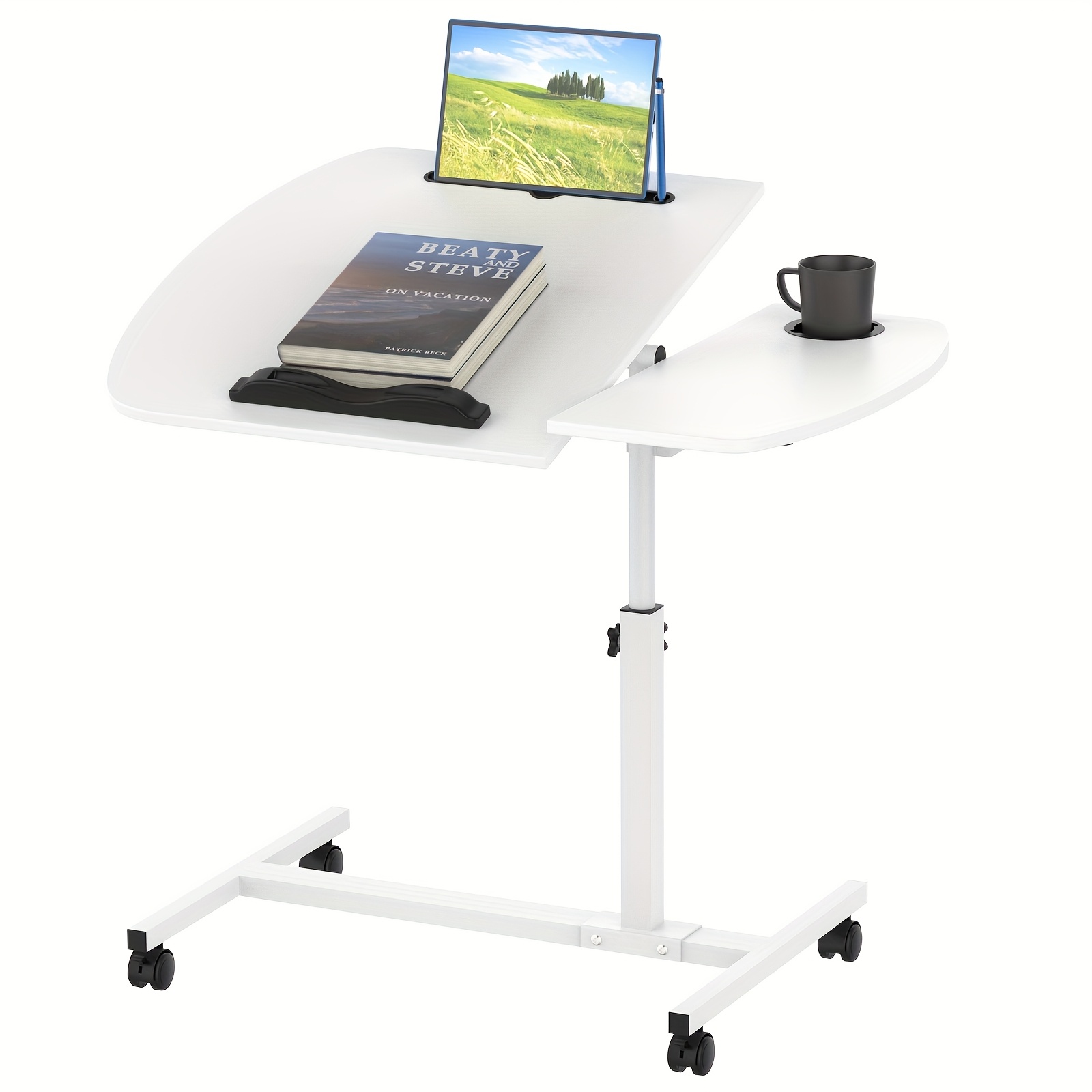 E-shop Mobiler Schreibtisch mit Rollen, Bett-Tisch mit Computertisch auf Rädern, Verstellbarer Desktop-Computer-Tisch mit Fach und Getränkehalter,