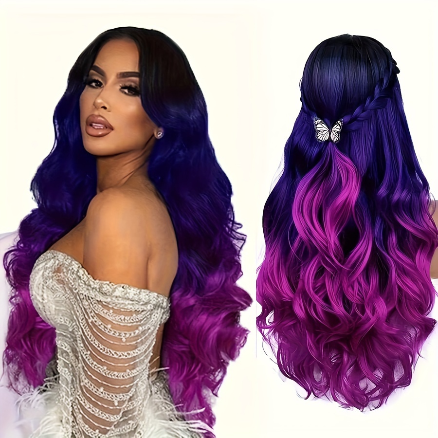 

Elegant Ombre Blue-purple Mermaid Wig For Women - Long, Curly & Middle Parted Synthetic Hair With Heat Resistant Fibers For Cosplay & Parties