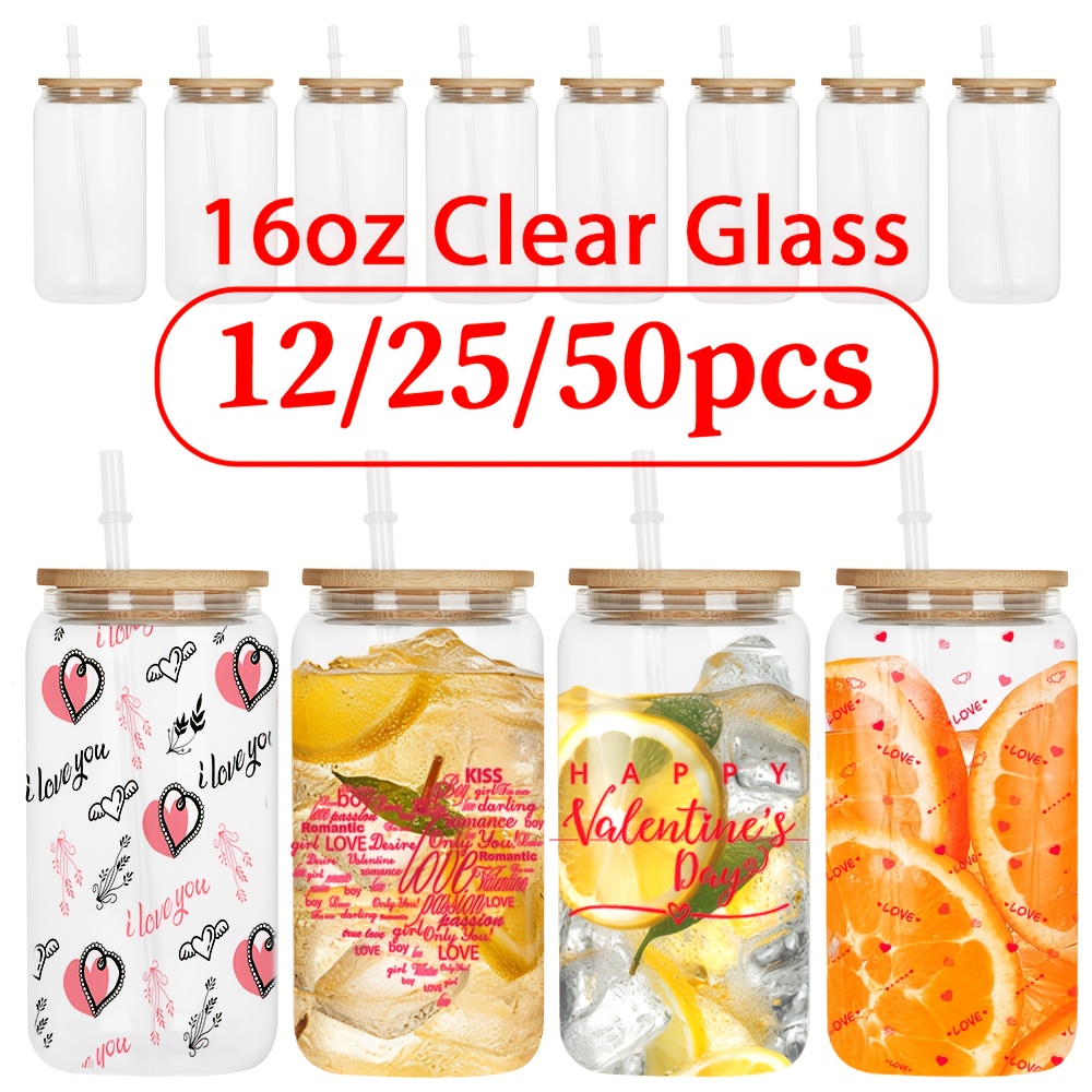 

12/25/50pcs 16oz Thermal Sublimation Glasses With Plastic Straw And Bamboo Lid Blank High Borosilicate Glass Sublimation Glass Jar