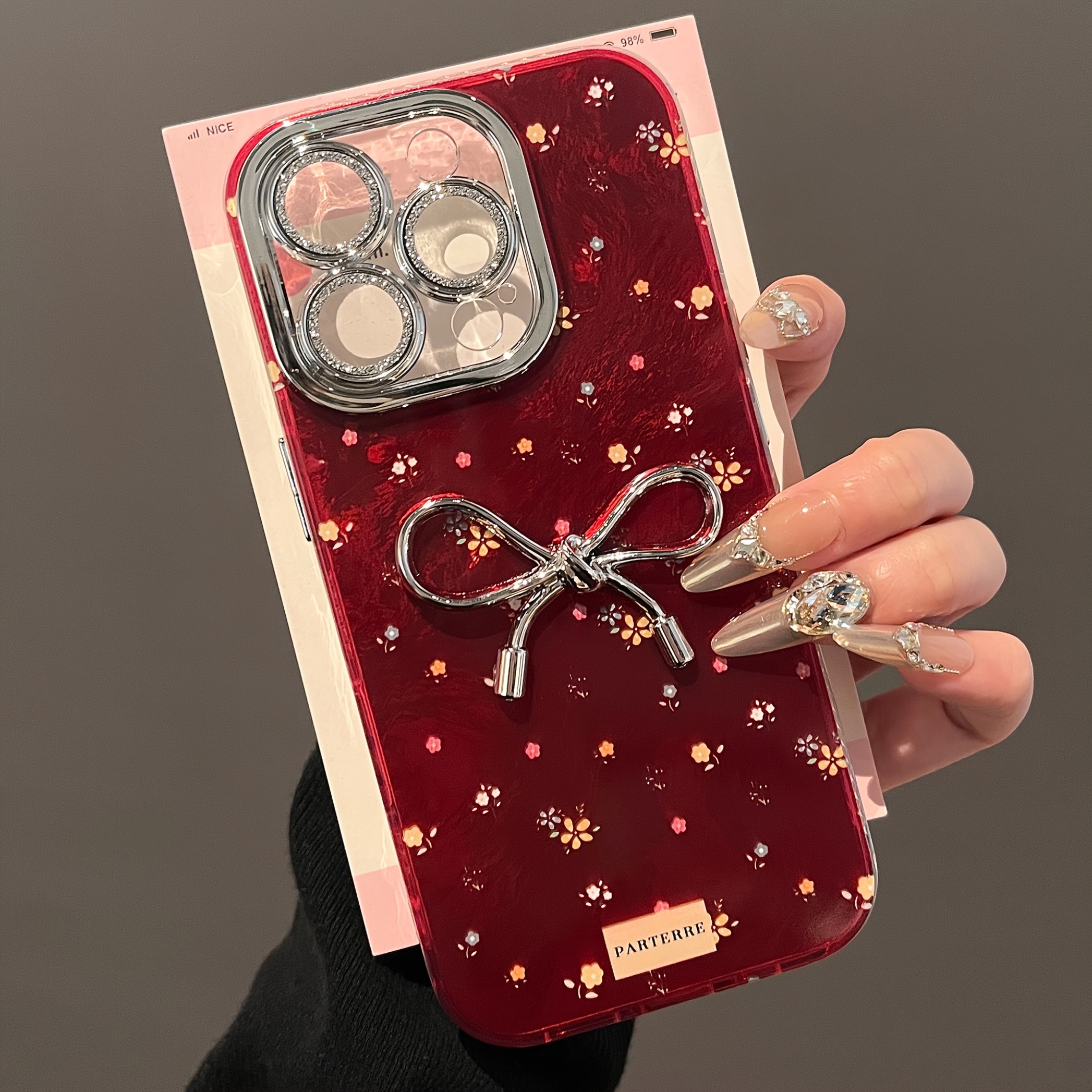 Stylish Flower Metal Bow Phone Case Compatible with iPhone 16 15 14 13 Pro Max Luxury Glitter Lens Protection Soft Cover Cases