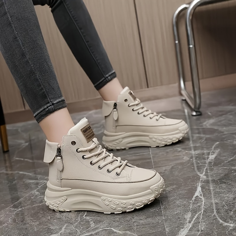 womens plush lined platform ankle boots thermal lace up heightening boots winter warm outdoor lace up zipper shoes 9