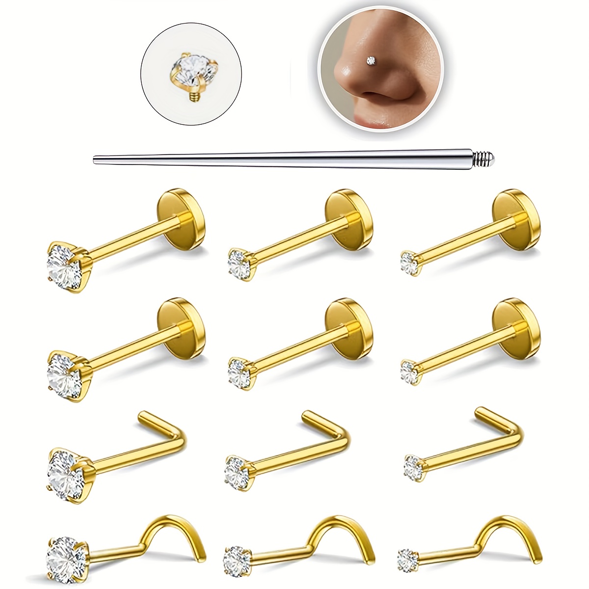 E-shop 13 Stück Nasenring Stecker für Frauen Männer Chirurgisch 304 304 Edelstahl Nasenstecker Innen Gewinde Flache Rückseite Ohrringe-Helix Tragus