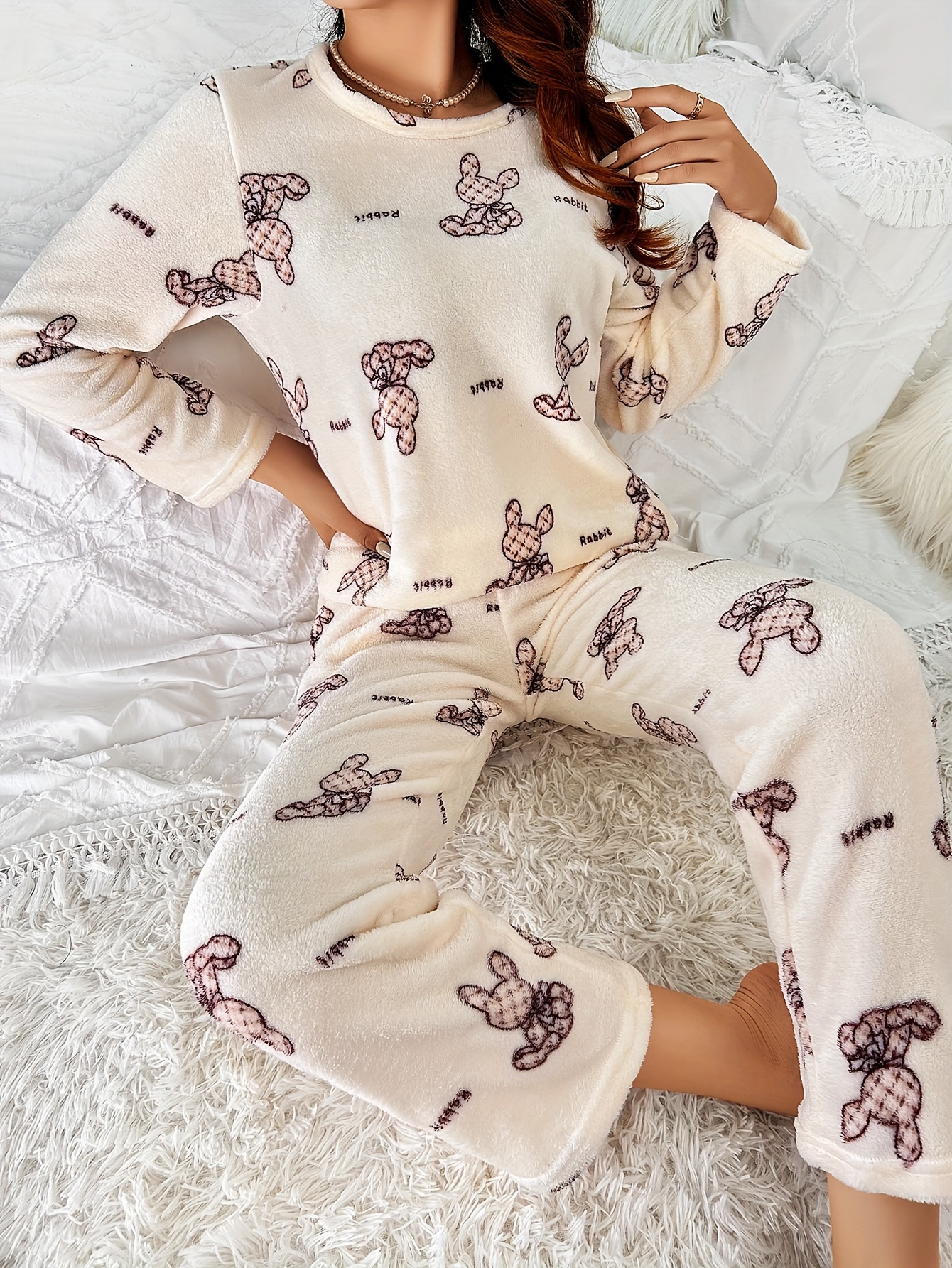 Rabbit Embroidered Plush Pajama Set  Pajamas women, Homewear fashion,  Pajama set