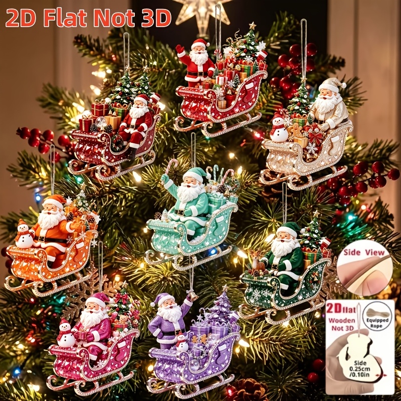 TEMU 2d Flat, 8pcs Set, 2d Printed Wooden Material Home Ornaments, Christmas, Mother's Day, Father's Day, 8 Styles Of Santa Claus Sitting In Sleigh