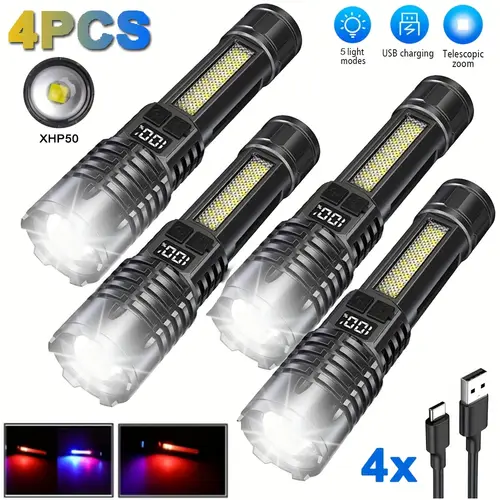 4pcs rechargeable led flashlight high 5 lighting flashlight handheld flashlight with cob side light long range spotlight for household emergency camping hiking hunting fishing