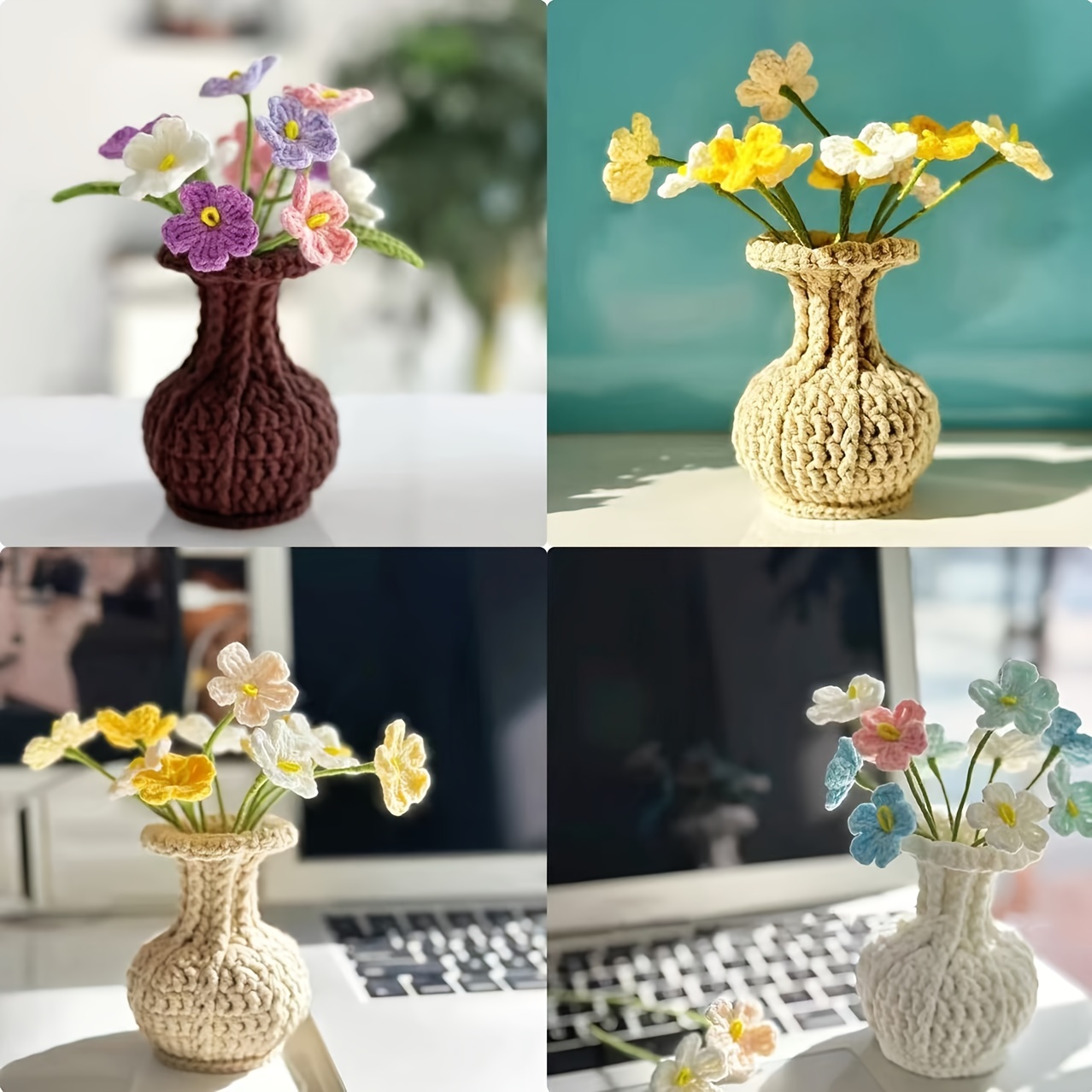 

Handmade Crochet -me-not Flower Pots - Fleece Knitted Sunflower And Desktop Bonsai, Decor For All