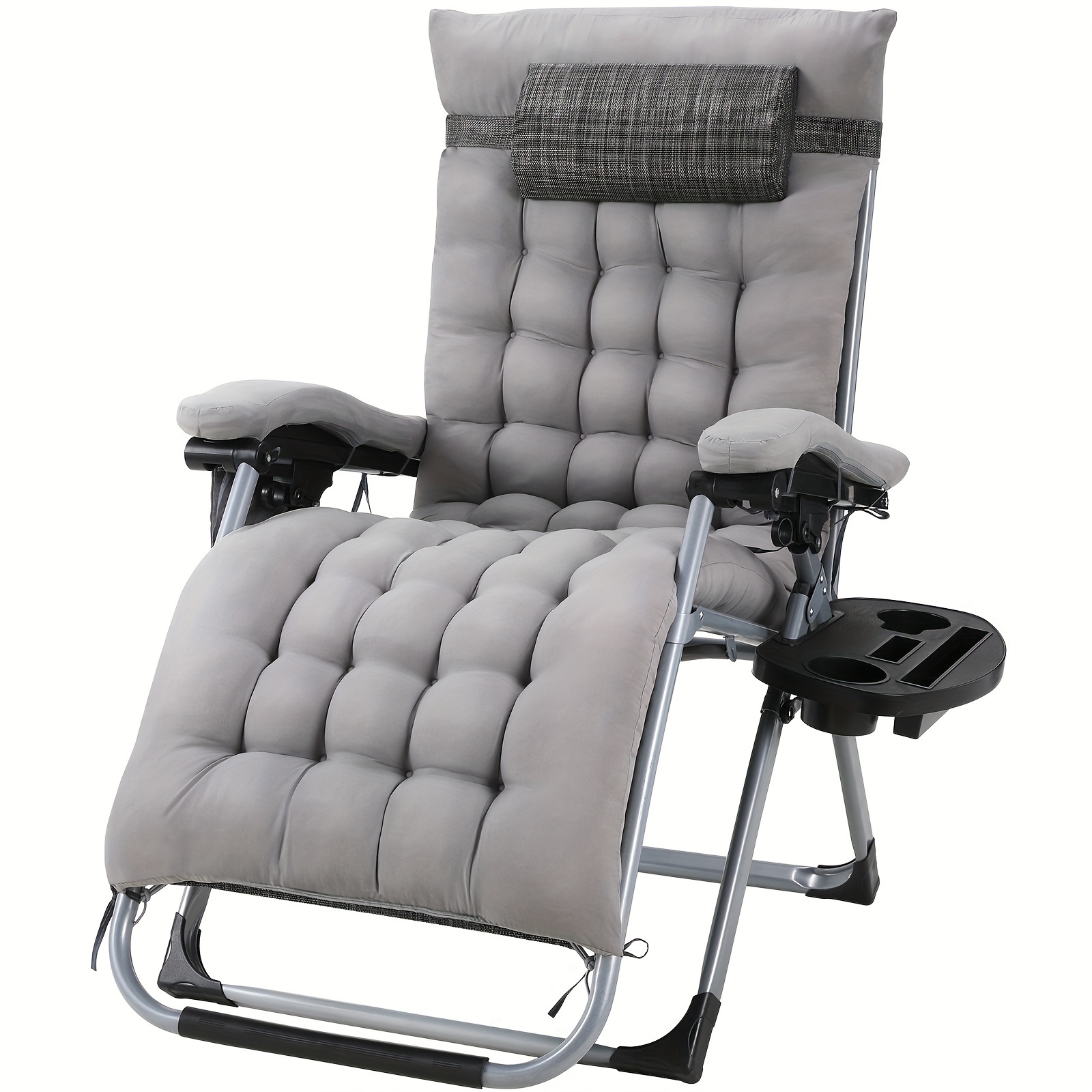 Image of Folding Deck Chair, Removable Comfortable Cotton Cushion, Sun Lounger, Garden Lounger, Adjustable With Headrest And Drink Holder, Suitable For Garden, Pool, Balcony, 160 Kg
