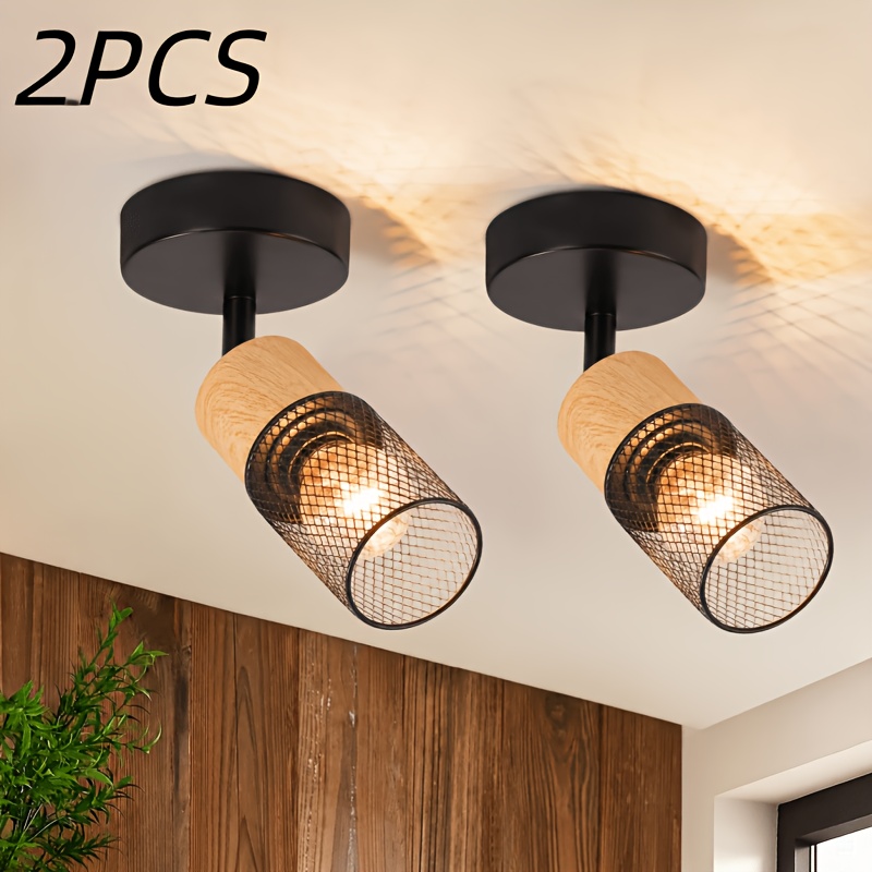 Image of 2pcs Ceiling Spotlight 1 Bulb Ceiling Light Vintage Ceiling Light Black | Wood Spots 350° Swivel E14 Ceiling Spots Kitchen Lamp Retro Wall Spotlight For Living Room Bedroom Kitchen Without Bulb