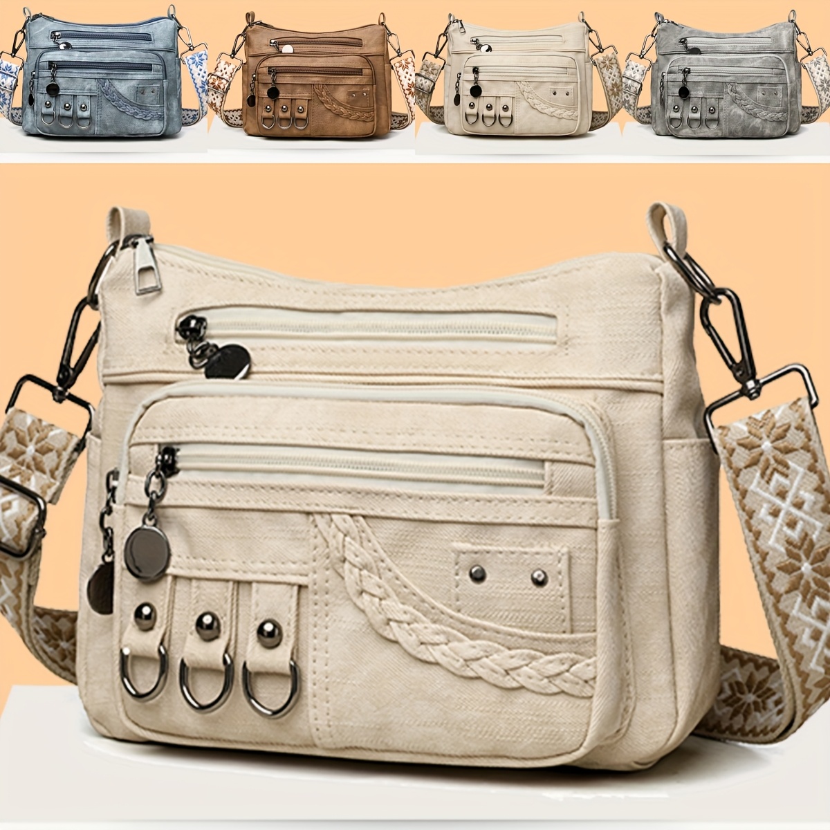 perfect lily womens bohemian vintage crossbody bag multi pocket adjustable shoulder bag synthetic leather compact purse for daily   travel beach gift for mom friends light brown gray white beige blue yellow beach carryall bag textured finish purse sturdy zipper closure secure snap pockets Product details 3