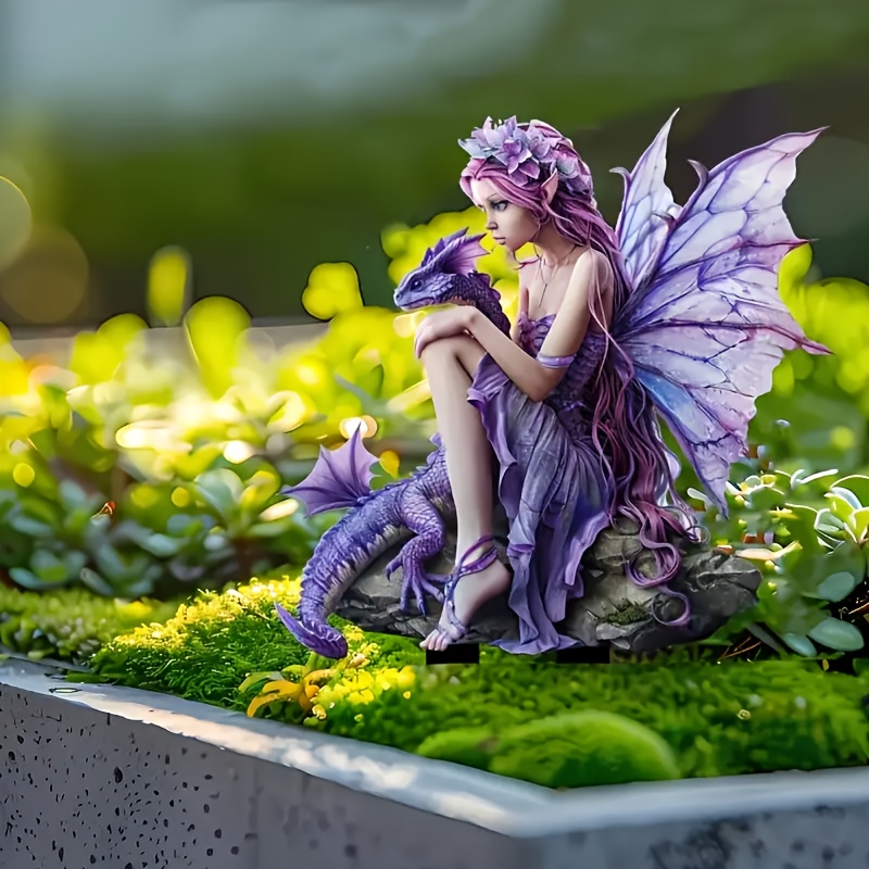 

Purple Fairy & Dragon Acrylic Garden Stake - Versatile Indoor/outdoor Planter Decor, Christmas & Bohemian Themes, 7.4x5.9 Inches