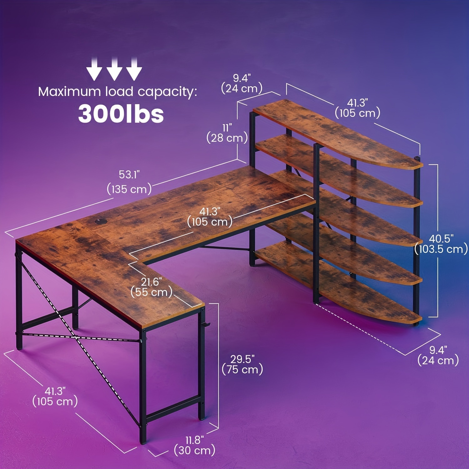 

L Shaped Desk With Storage Shelves, 62.6" U Shaped Computer Desk, L Shaped Gaming With Led Lights And Hook, Rustic Brown