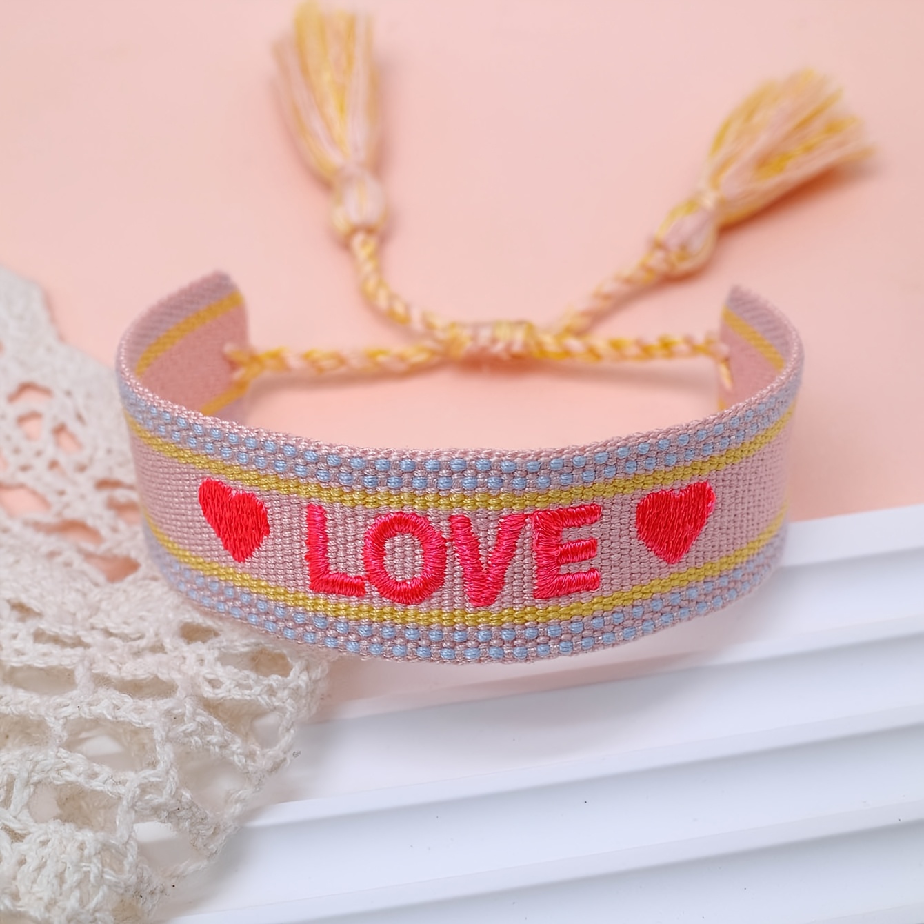Handcrafted Vintage Tassel Bracelet with Embroidered Hearts
