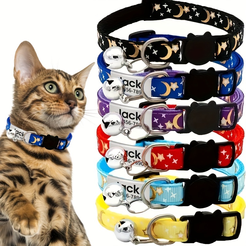 Personalized Cat Collar, Stars and Moon Design with Bell