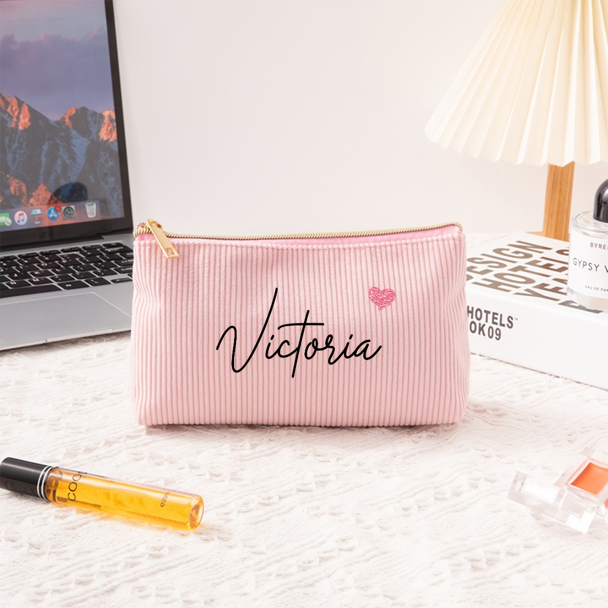 TEMU 1pc Custom Handwritten Name Corduroy Makeup Bag, Student Pencil Case, Easy Travel Essential For Women, Portable Large Capacity Corduroy