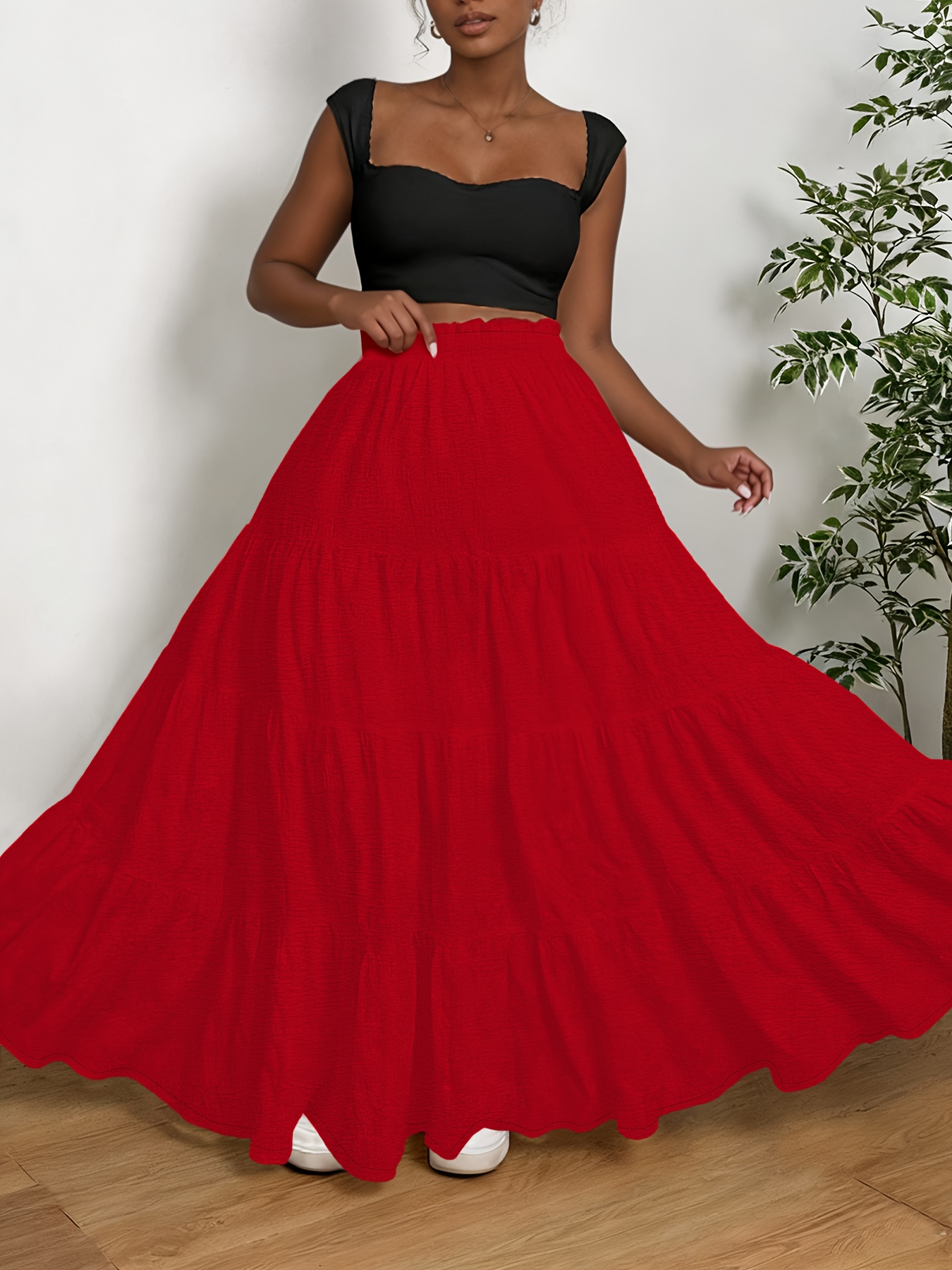 plus size plus size womens elegant casual versatile solid color flared hem long skirt   plus size womens clothing