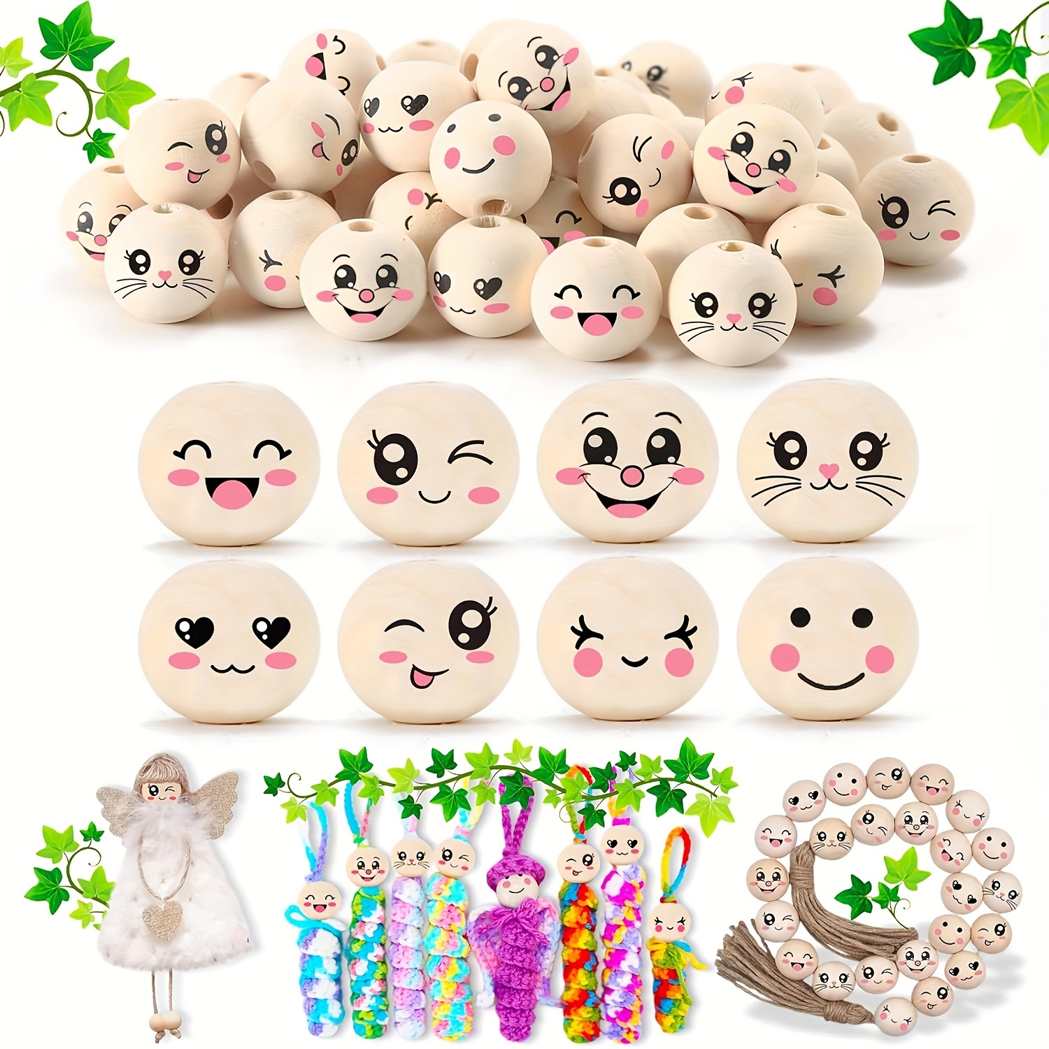 

40pcs Cute Expression Pattern Wooden Beads, 20mm/0.78in With Hole, Diy Crafting Crochet Craft Keychain Supplies, 8 Styles Smile Face Patterns For Jewelry Making