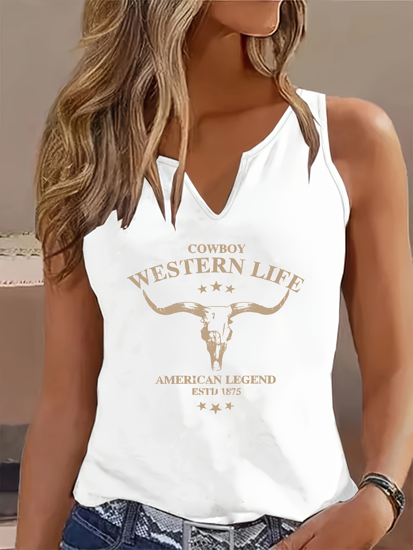 Cowboy Graphic Tank Top Casual Notched Neck Sleeveless Vest with  American Flag Design, Black, Spring/Summer/Fall Wear, Casual Attire  Western