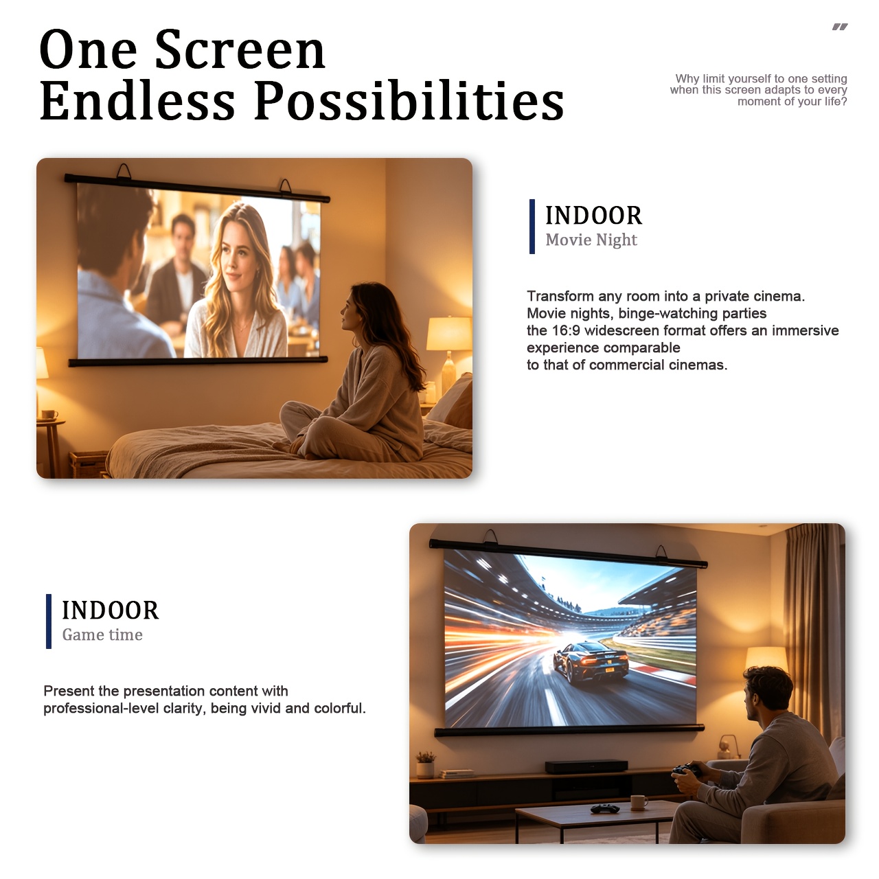 Wall-Mounted Gray Projector Screen, 16:9 4K HD Projection