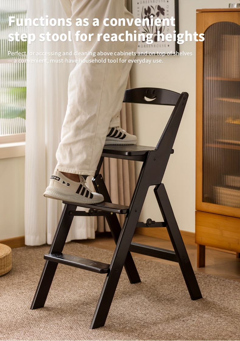 1pc Black All-Bamboo Bar Stool, Bar Counter Dining High Stool with Backrest, Folding Chair, No Assembly Required, Patio Outdoor Garden Step Stool, Household Three-Step Step Stool, Climbing Ladder, Suitable for Garden/Office/Library/Kitchen/Cafe