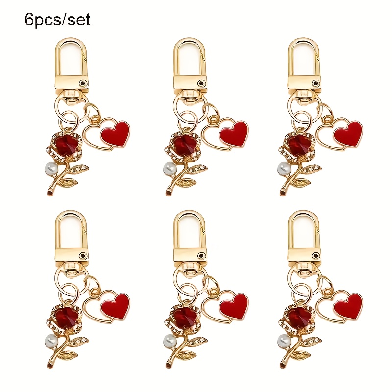 TEMU Set van 6 stuks, modieuze romantische sleutelhangers voor koppels met rode roos en strass-steentjes, accessoires met holle dubbele hart-hanger