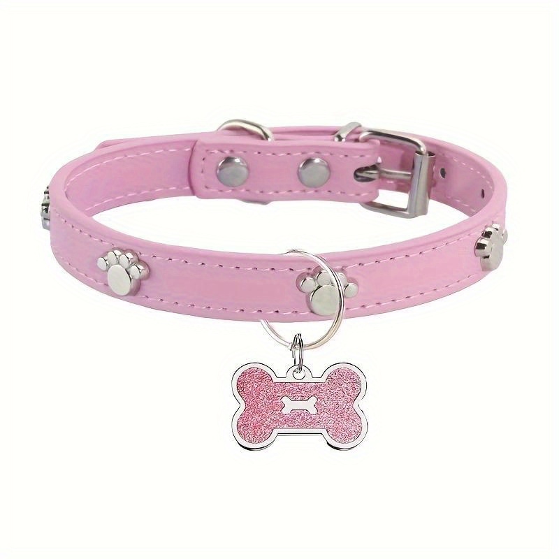 TEMU 1 Personalized Carved Faux Leather Dog Collar With Bone-shaped Id Tag Paw Print Metal Jewelry Additions For Small To Medium-sized Dogs